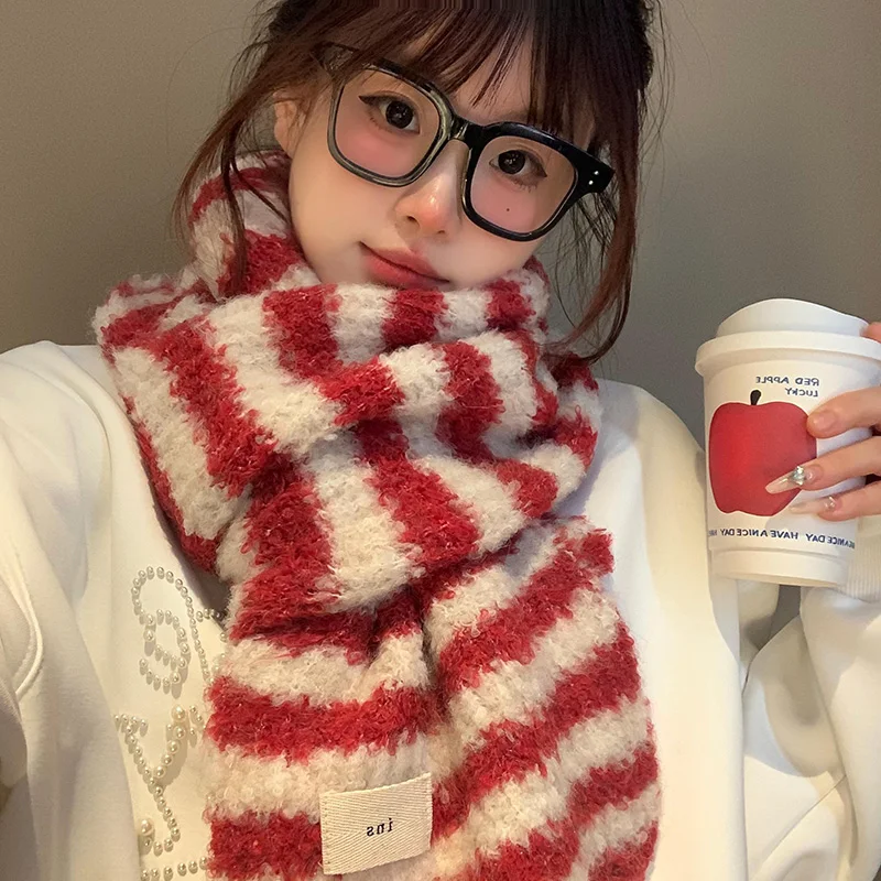

Thiened Soft Knitted Scarf Women's Autumn Winter Korean Sle Aosphere Versatile Warm Ne Warmer Stripe Pattern Multifun...