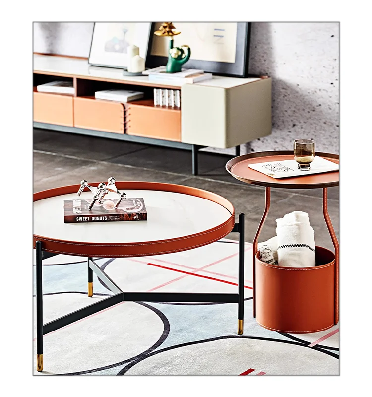 Light Luxury unique design marble Top round Shape Leather  Coffee Table leather Sofa Side Table Set for Living Room furniture