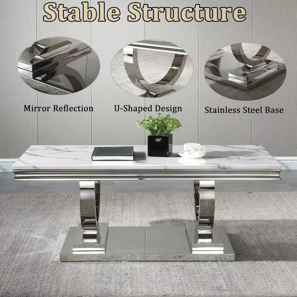 47" Rectangular Coffee Table, Modern White Faux Marble Cocktail Table, with Silver Mirrored Finish U-Shape Stainless Steel Base