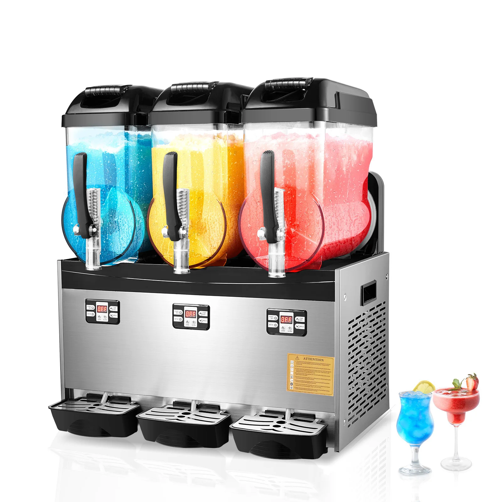 SucceBuy Machine à slush commerciale 3 x 12L, triple réservoir, pour boissons glacées, 144 gobelets, en acier inoxydable, pour margaritas, smoothies, boissons glacées, pour la maison, les fêtes, les restaurants, les cafés, les bars