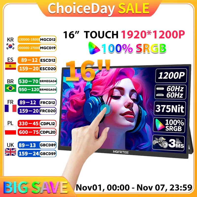 【セール中】HGFRTEE 16 インチタッチポータブルモニター 16:10 96%sRGB 350Cd/m2 セカンドスクリーンラップトップ用ホルダースタンド付き Type-C HDMI 互換