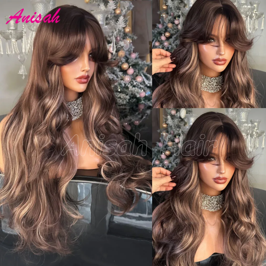 

Парик из натуральных человеческих волос с коричневыми волнистыми прядями и светлыми мелированными оттенками, с челкой, 100% натуральные бразильские волосы, парик с кружевной передней частью для женщин.