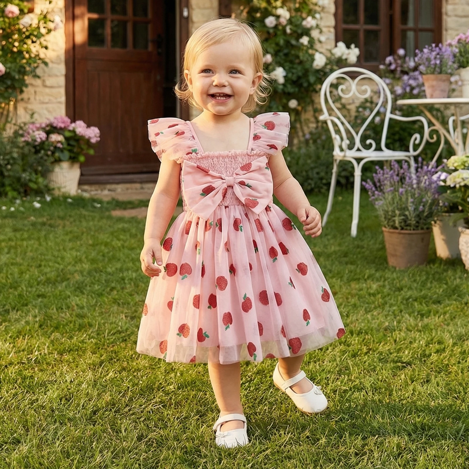 1-5Y Toddler Infant Girl Back to School Dress Stylish Glitter Fruit Print Smocked Mesh Flying Sleeve A Line Princess Dress