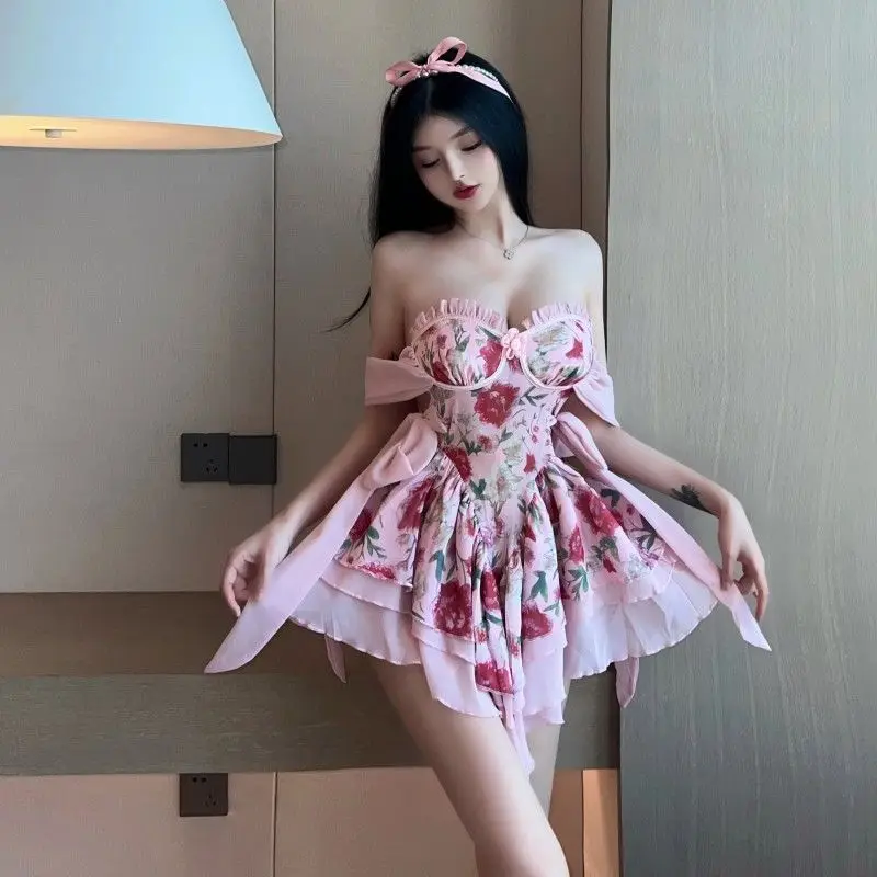 

Mini Dress Printing Asymmetric Strapless Ruffle Korean Sexy Fashion Slim Dress Elegant Birthday Party Club Summer Women Dress