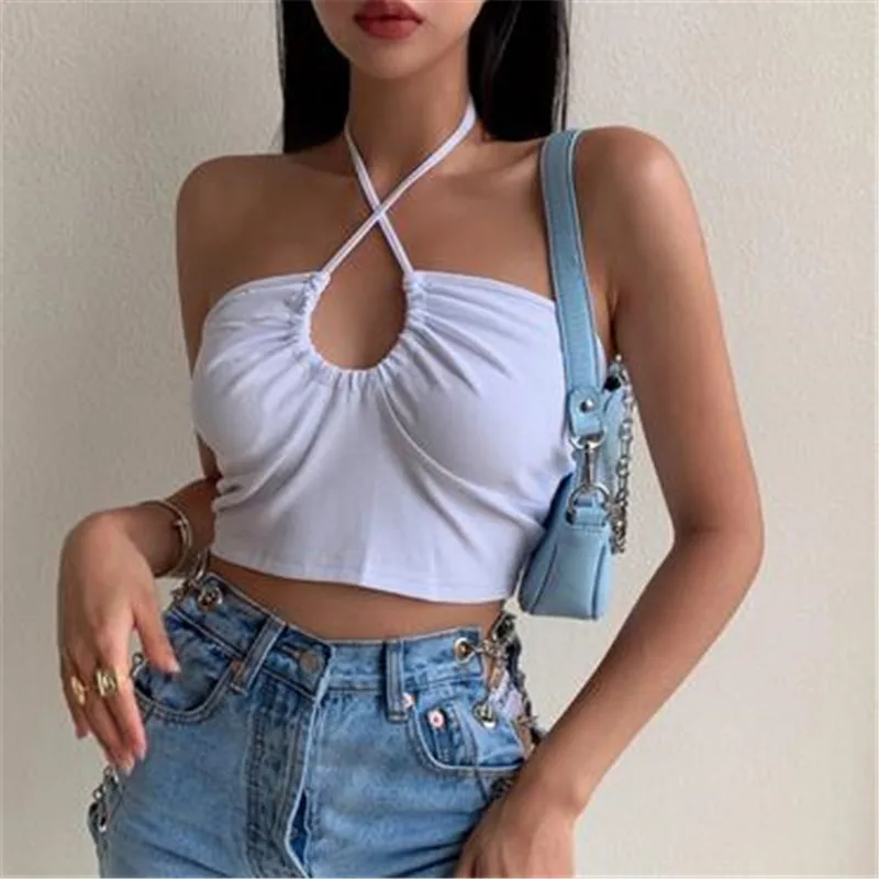 Women Close-fitting Simple Style Vest, Solid Color Halter Neck Sleeveless Crop Tops