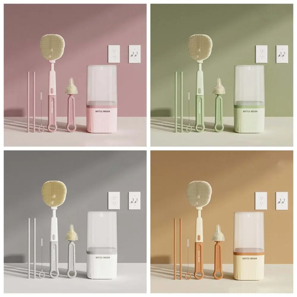 Set Sikat Pembersih Botol Multifungsi Anti-Hilang TPR Sikat Dot Bayi Kit Sikat Pipet Silikon Pembersih Sedotan Dot