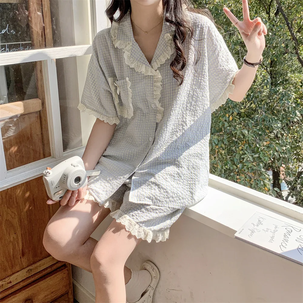 Summer Casual Plaid Pajamas Women Sweet Lace Short Sleeve Shorts Loungewear Women 2024 New ins Korean Style