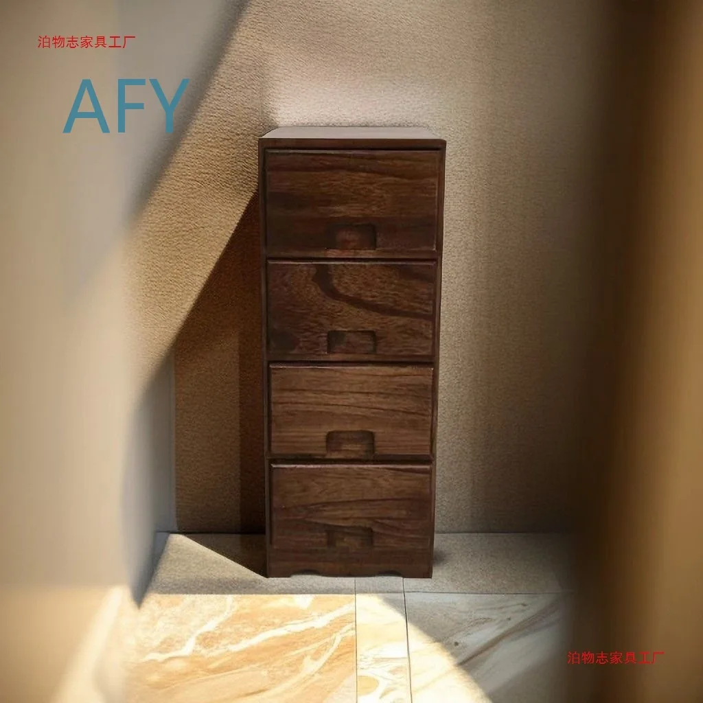 Walnut Color Bedside Storage Cabinet for Small Spaces No Assembly Needed Solid Wood Narrow Multi Tier Drawer Chest Minimalist