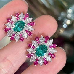 Exquistie 925 Silver Earrings for Women Fashion Vintage Lab Emerald Ear Stud Dazzling Moissanite Earring Fine Jewelry