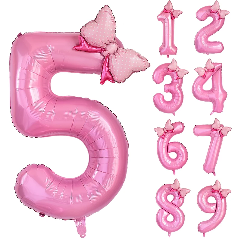 1Pc Large 40inch Number Pink Foil Balloon With Bow 1 2 3 4 5 6 7 8 9 For Kid Boys Girls Birthday Party Baby Shower Decorations