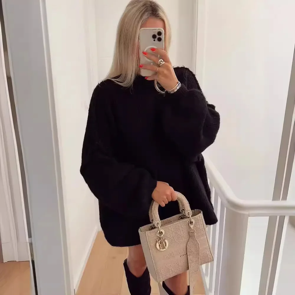 2023 Autumn Winter New Women's Fashionable Loose-Fit Casual Solid Color Pullover Sweater Street Style Lantern Sleeve