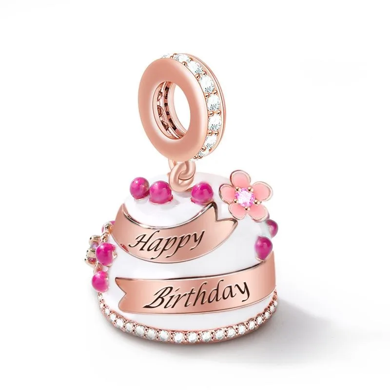 925 Silver Doughnut Happy Birthday Charm Pendant  birthday cake Beads Fit Original Bracelet DIY Jewelry Gift For Women