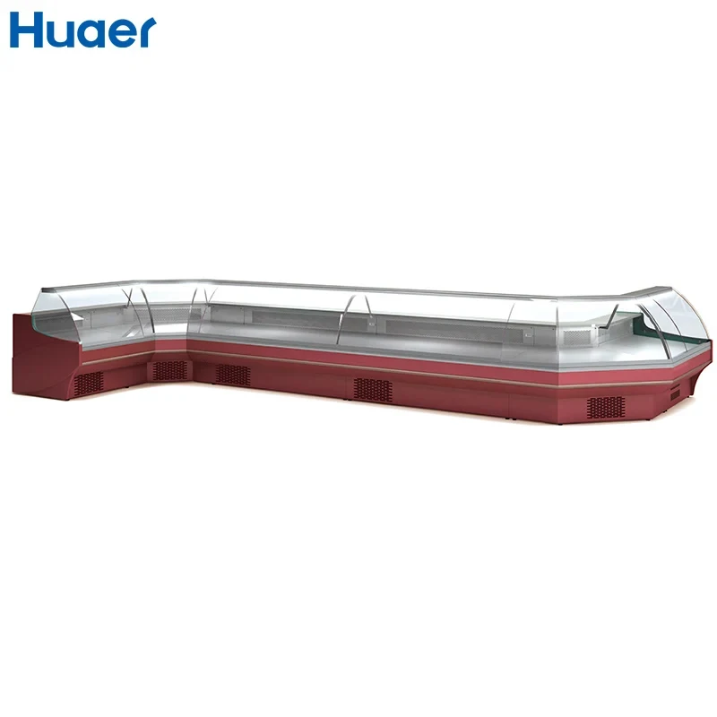 custom.Ventilated Cooling Flat Self Serve Display Refrigerated Meat Counter with Vertical Glass Front