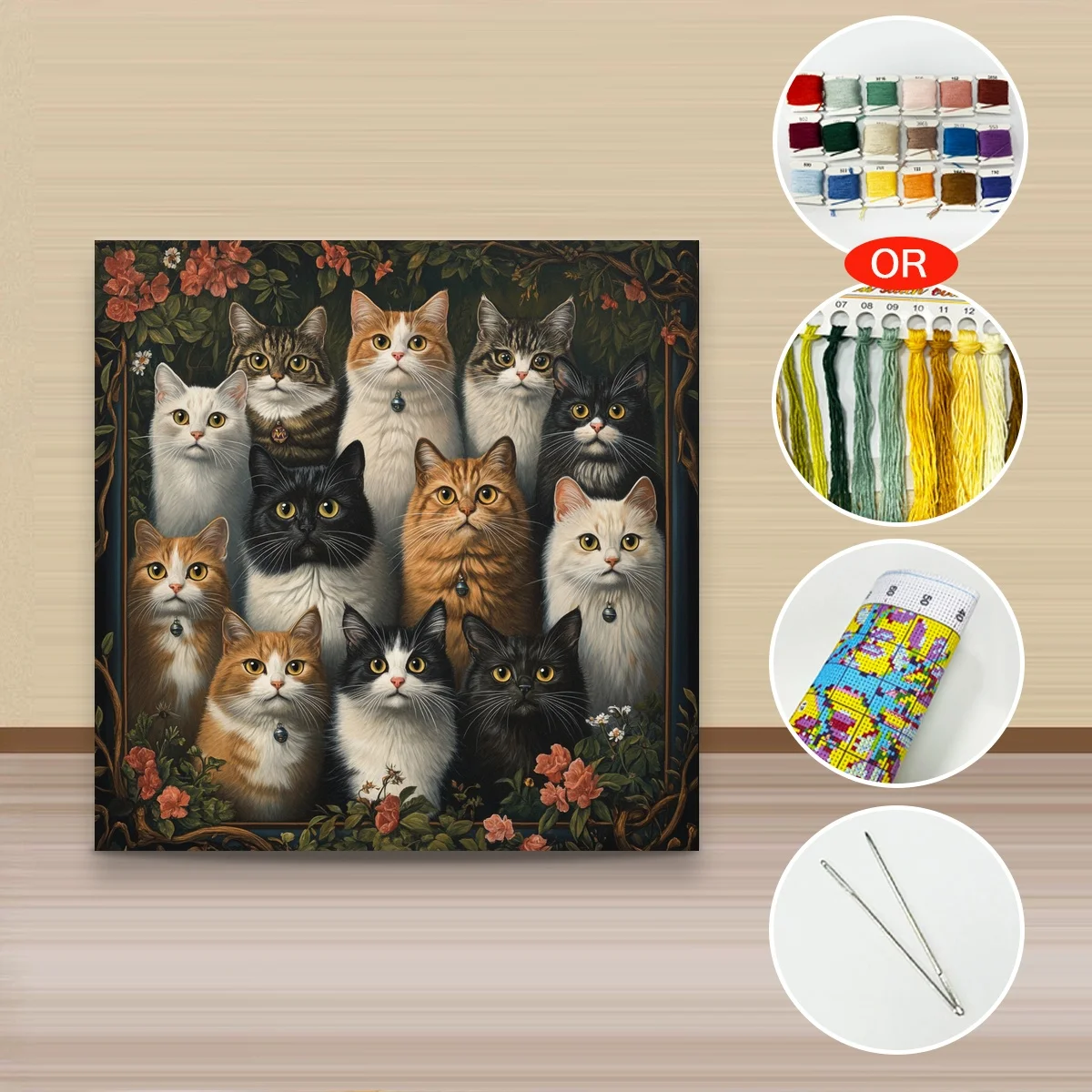 1 Stück 40x40 cm/15,74 Zoll, 11Ct/14Ct Kreuzstich-Set, DIY Valentinstagsgeschenk, Stickerei-Set für Festlichkeiten, Katzenporträts mit Blumenrahmen – Detail 3