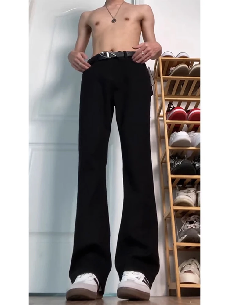 

Cleanfit Men's High Waist Straight Leg Jeans Elastic Micro Flared Pants American High Street Sle Pure Bla Long Jeans