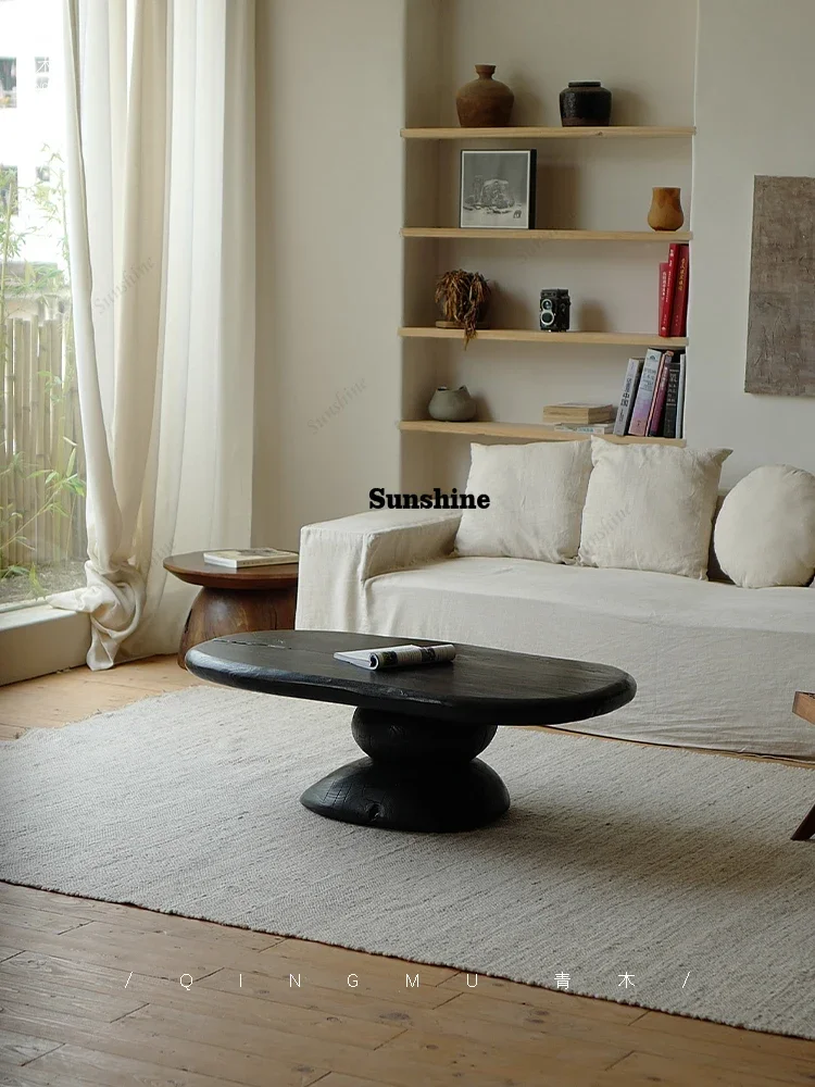 Light Luxury Retro Style Carbonized Black Wooden Coffee Table Creative Pebble Shape Art Table Living Room Decorated Tea Table  F