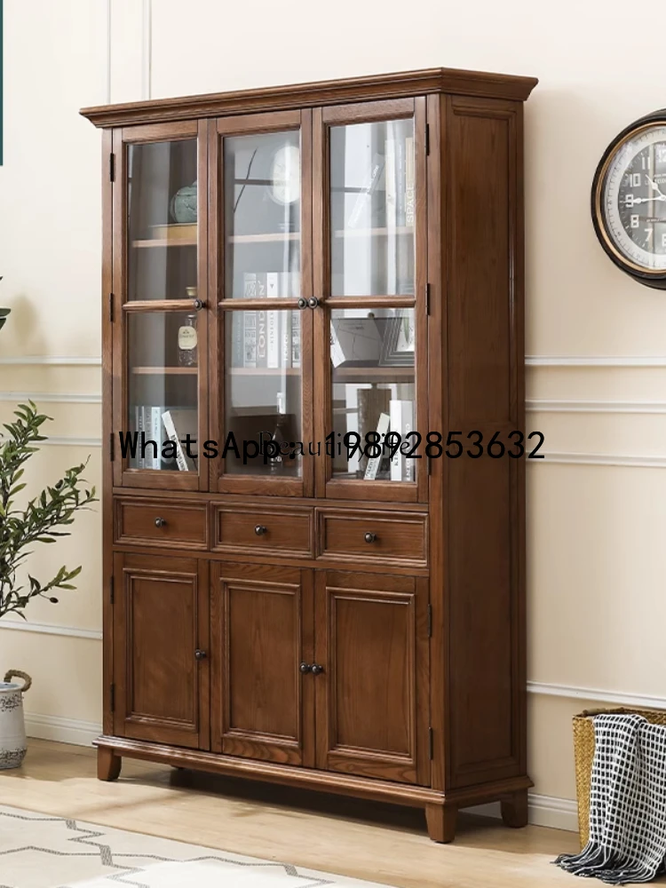 QQ American rural ash wood walnut three-door bookcase ash wood solid wood dust bookshelf