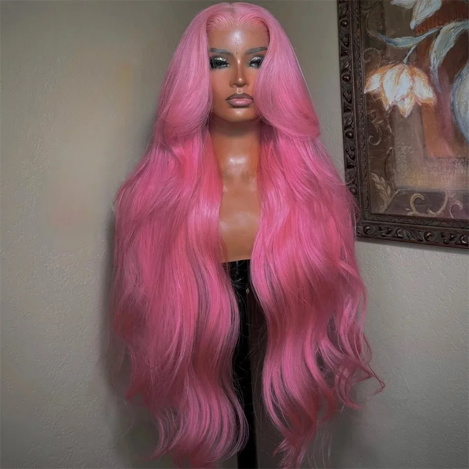 Pastel Pink 13X4 Transparent Invisible Lace Front Wigs Synthetic Heat Resistant Fiber Pre Plucked  Body Wave Wigs Coplay Party
