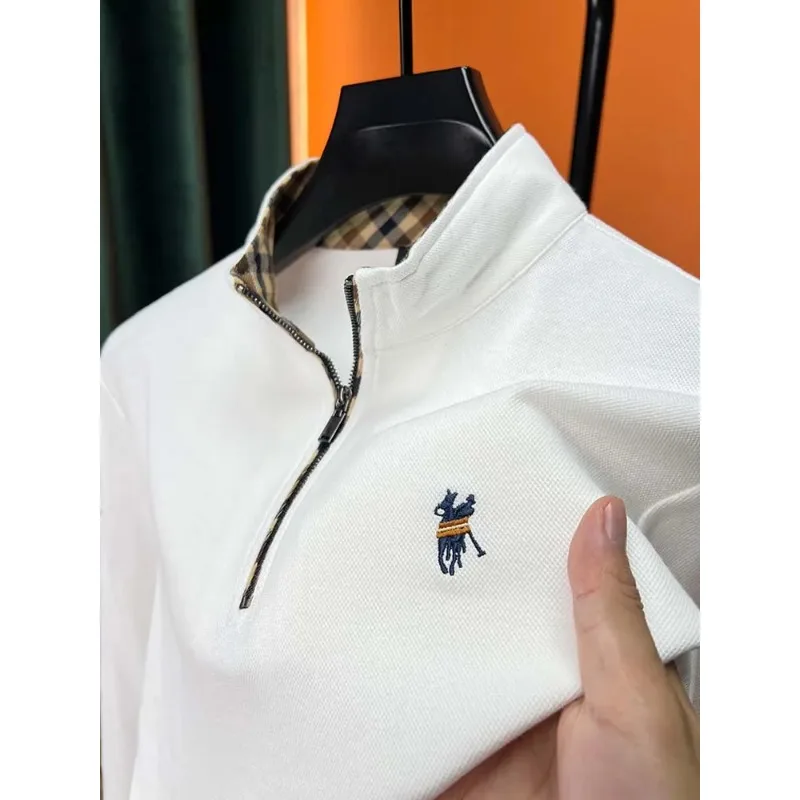 100% Cotton Autumn Men\'s Brand Embroidered Fashion Lapel Polo Shirt Business Long-sleeve Casual Solid Color Zipper Design Top