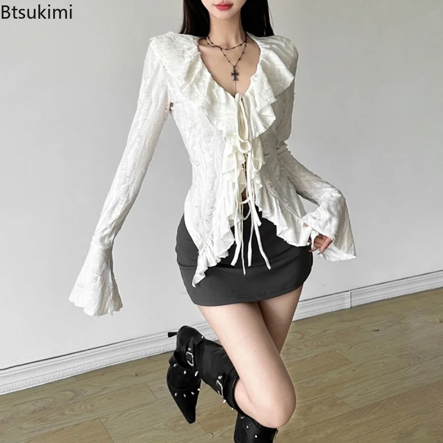 New Women's Sexy Long Sleeve Blouses Y2k Aesthetic Harajuku Streetwear Trend Ruffles Design Ladies Sweet Casual Tops Tassel Tees