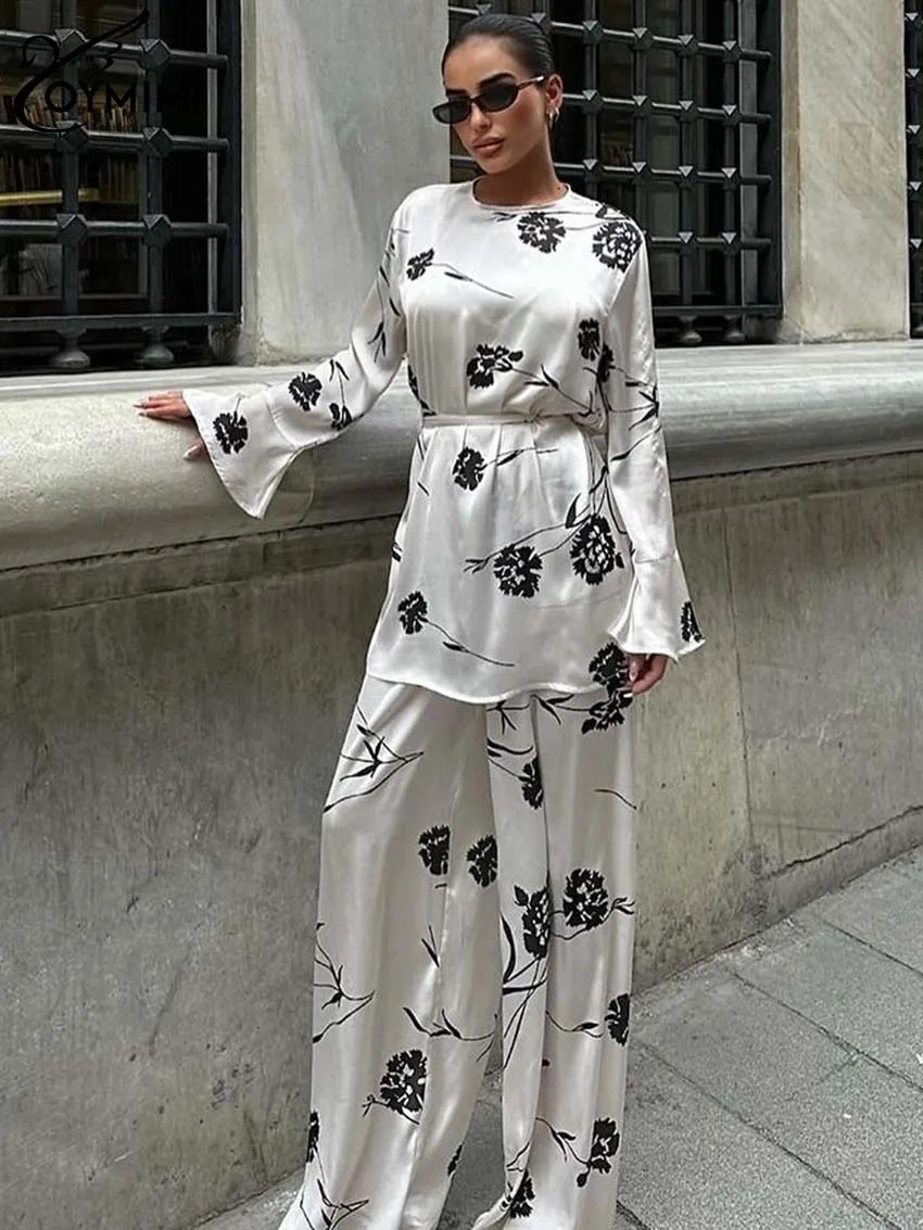 Oymimi Fashion White Print Two Piece Set For Women Elegant O-Neck Long Sleeve Lace-Up Tops And Straight Trousers Female Sets