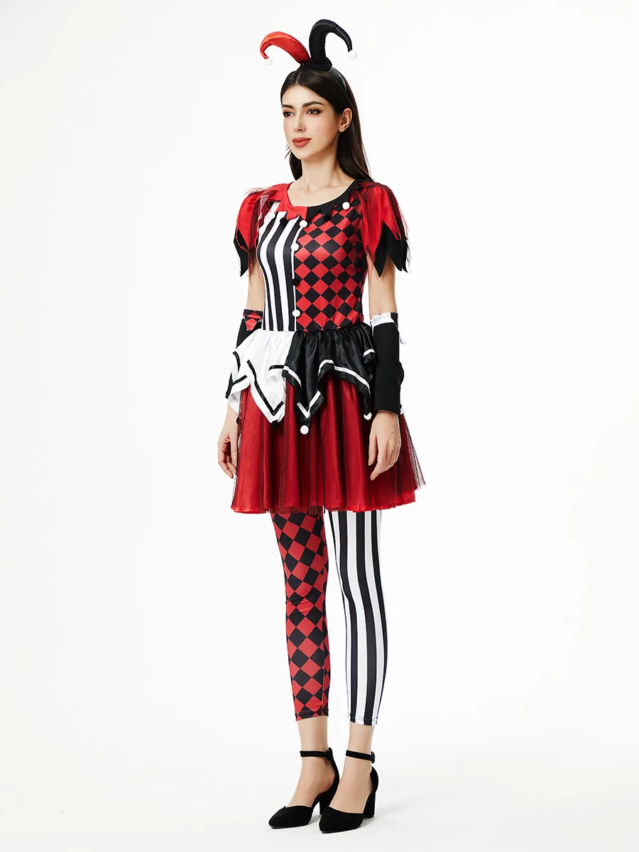 Women Vintage Harlequin Joker Outfit, Bright Circus Clown Fancy Gown Halloween Mardi Gras Masquerade Stage Cosplay Costume view 4
