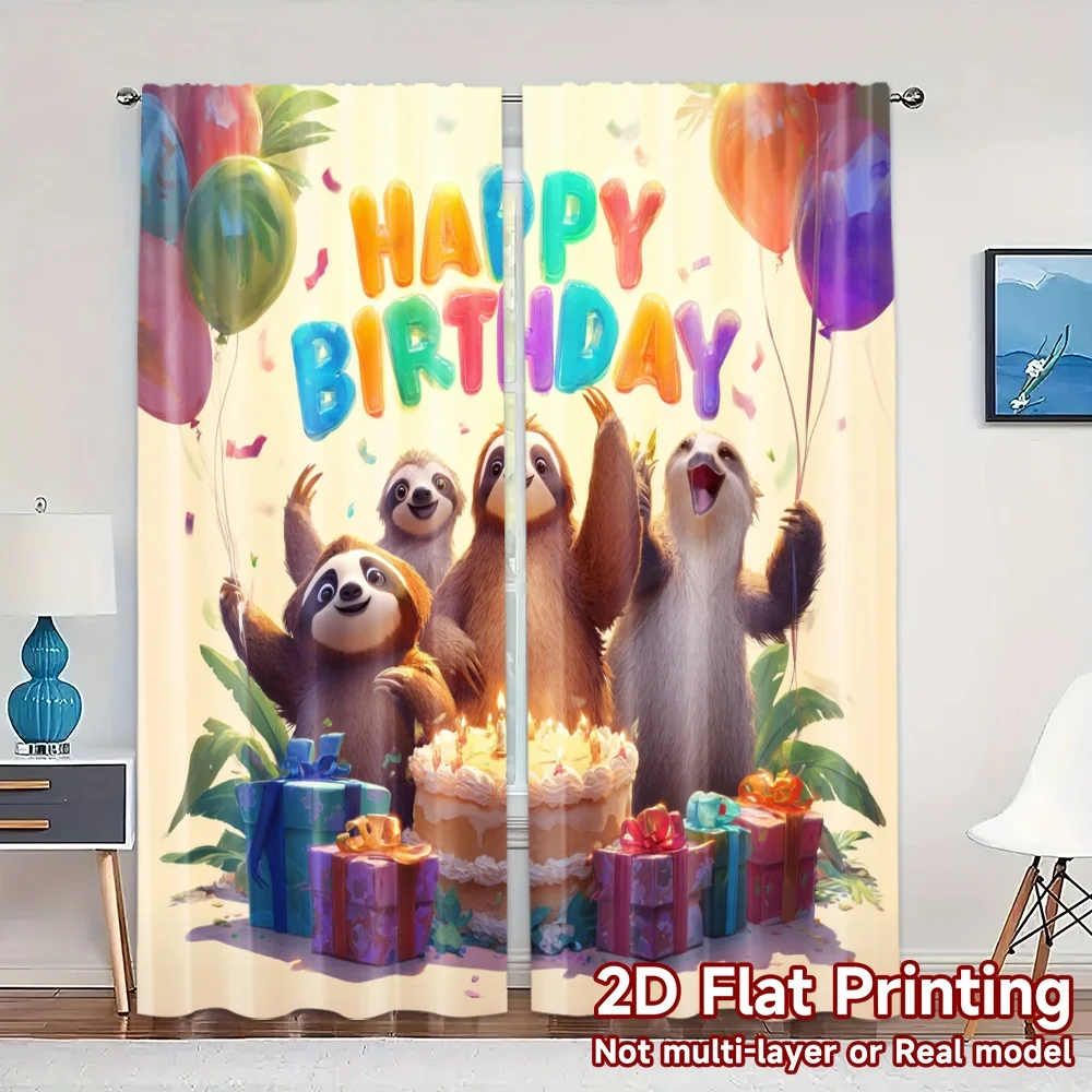 2pcs, 2D FLAT PRINTING Curtains (Without Rod) Sloth Celebration(2) Print Popular Curtains Polyester Easy Install Curtains