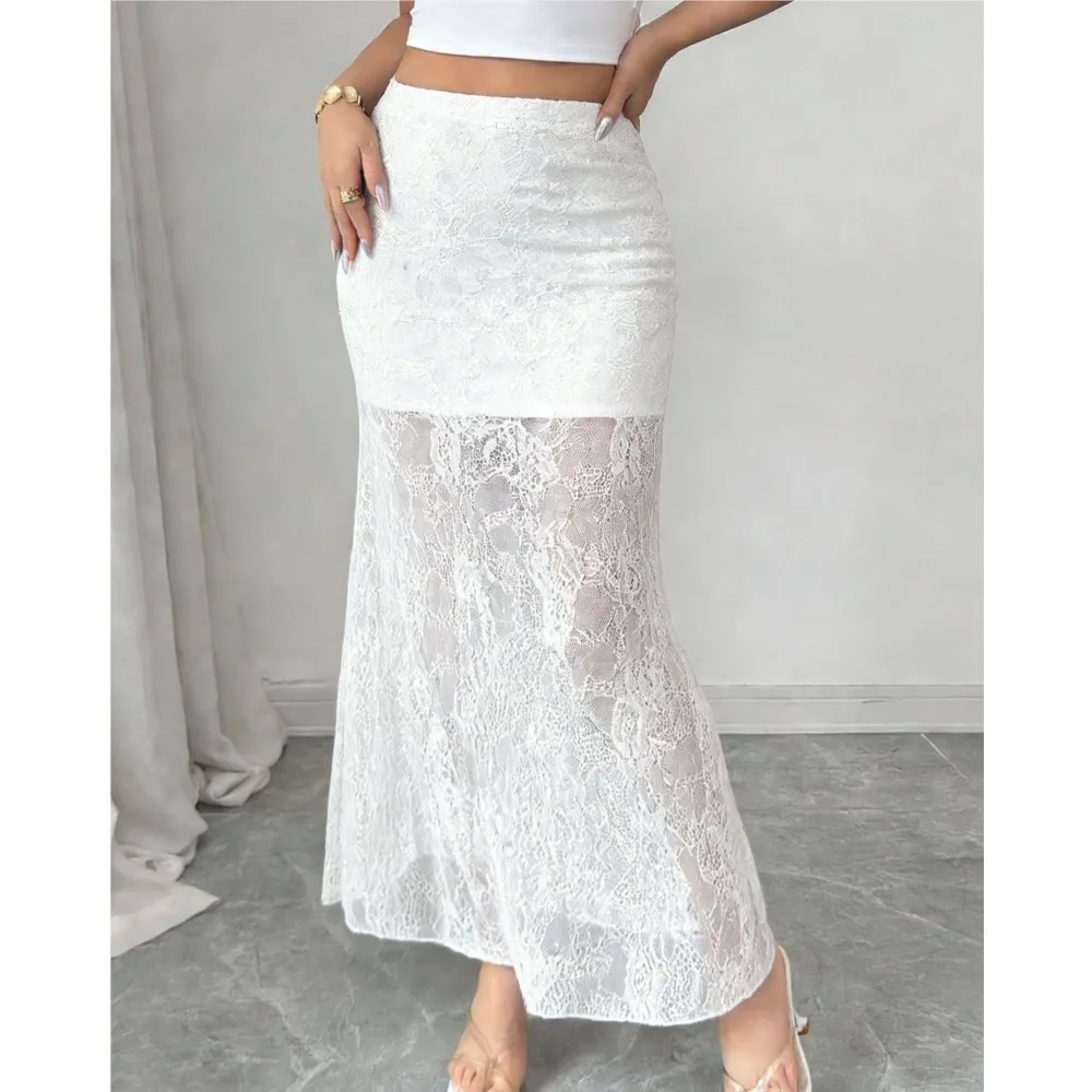 Lace Splicing Maxi Skirt High Waist Transparent Maxi Skirt Sexy Hollow Fashion Loose Beach Wedding Party Skirt Юбка Женская