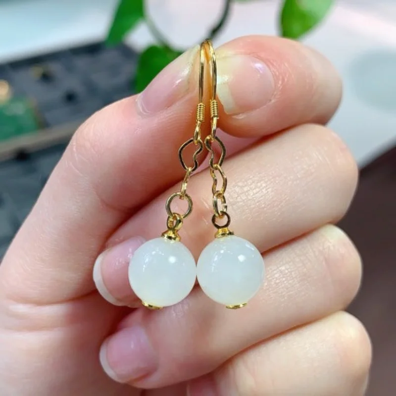 Hetian Sheep Fat 925 Silver Gold Inlaid Jade Earrings Fashion Versatile