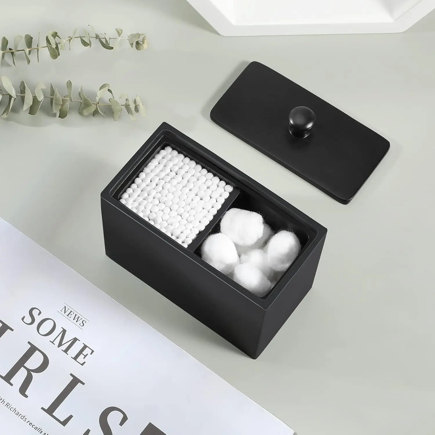 Luxspire Cotton Swab Holder Qtip Holder Dispenser with Lid 2 Compartments Cotton Ball Holder Bathroom Container for Cotton Round