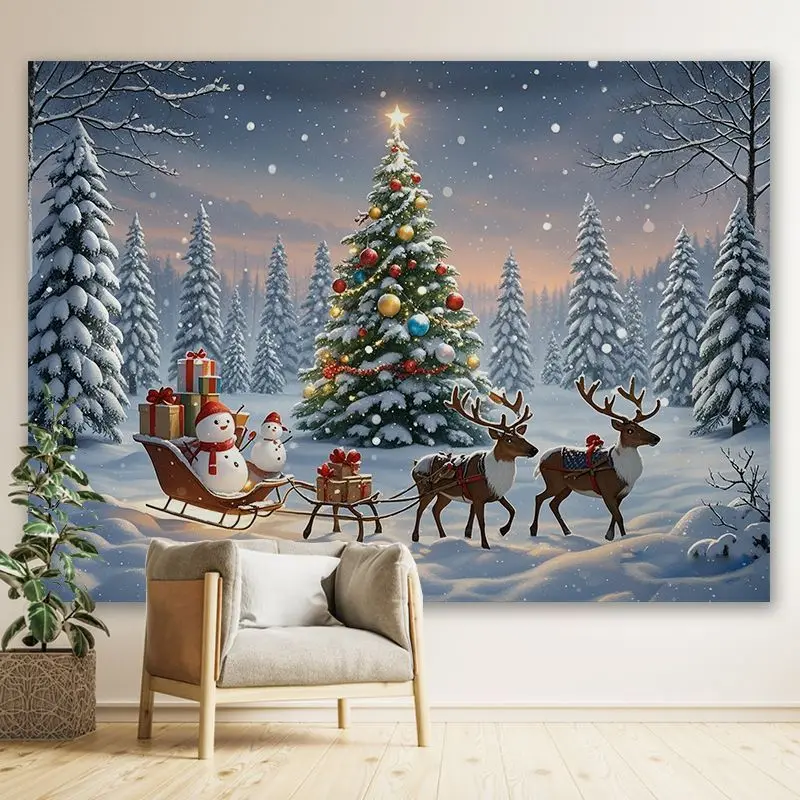 VIKAMA Snow Mountain Christmas Tree Wall Tapestry Realistic Photography Pine Forest Snowy Landscape Star Ornament Aesthetic Home