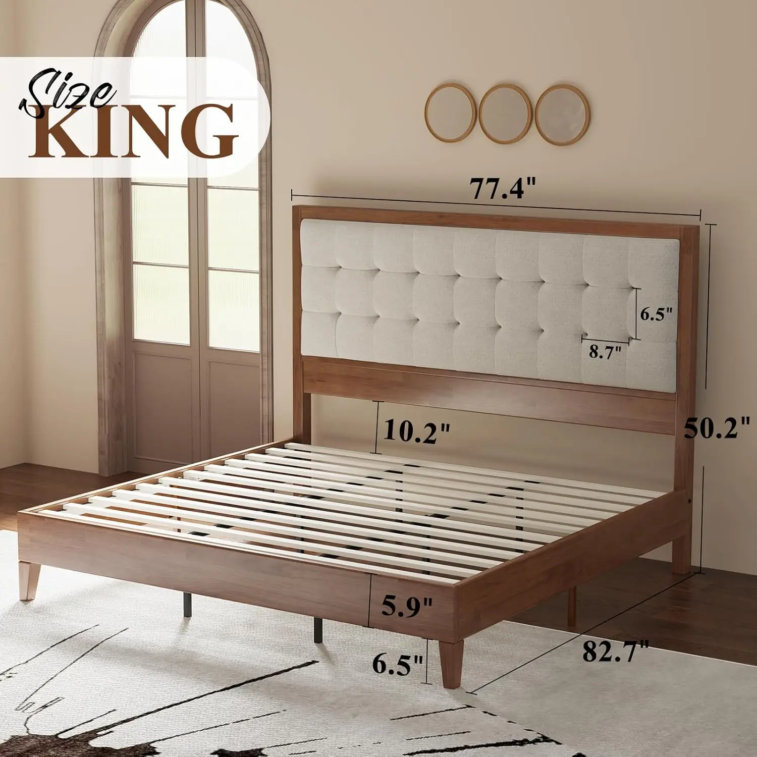 Wood Platform Bed Frame King Size Upholstered Tufted Headboard/Solid Wood Bed No Box Spring Needed,Walnut