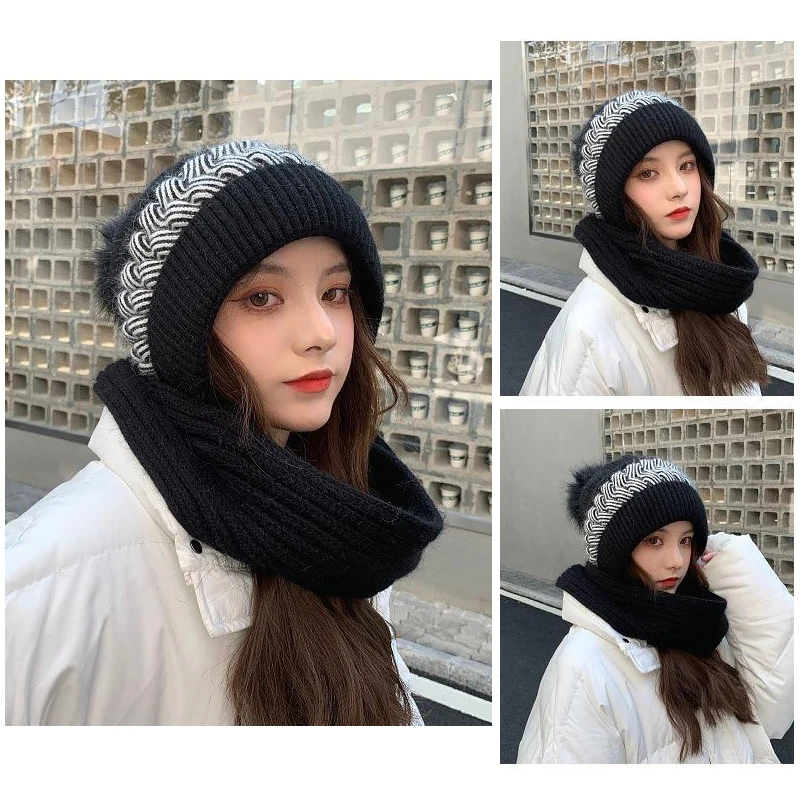 Autumn and Winter Korean Version Of The Lovely Knitted Cold Protective Ear Protection Neck Thickened Scarf one-piece Beanies