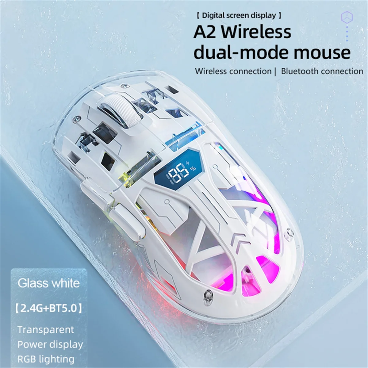 ABXHA Mouse Nirkabel Transparan dengan Layar Digital, 2.4G RGB 4000DPI Penyesuaian 5 Langkah, Tombol Bass, Mouse Gamer Bluetooth, A