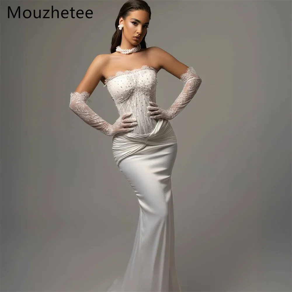 

Mouzhetee Mermaid Strapless Elegant Pleat Pearls Wedding Dresses Simple Sleeveless Lace Brides Gown Custom Made 2025