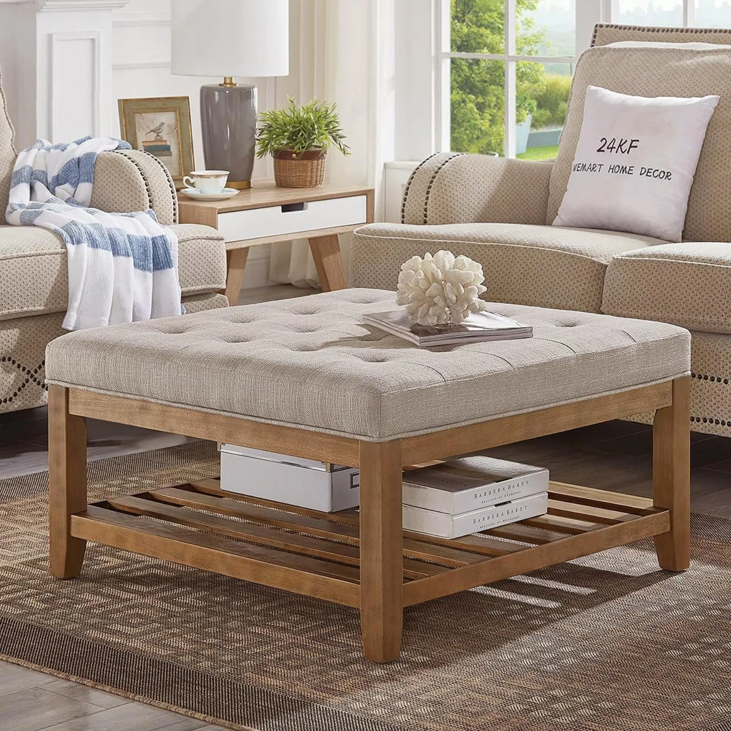 

Large Square Upholstered Tufted Linen Ottoman Coffee Table, Large Footrest Ottoman with Solid Wood Shelf-Linen ,Classic