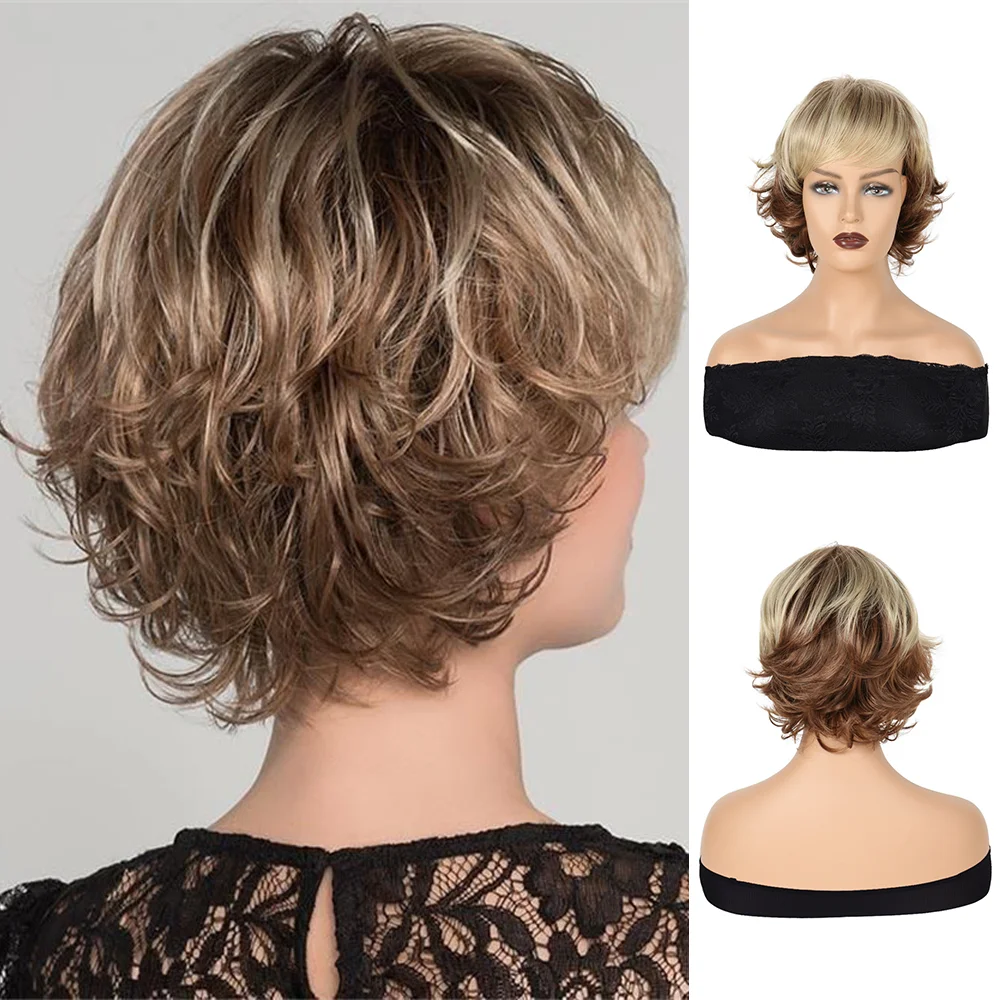 Fashionable women's short Synthetic curly hair, brown slightly curly full top wig headband, fluffy and natural