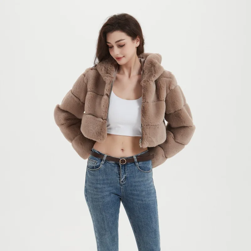 Chic Hooded Cropped Faux Fur Coat for Women Long Sleeve Top Warm Party Date Commute Daily Winter Thick Classic Outerwear