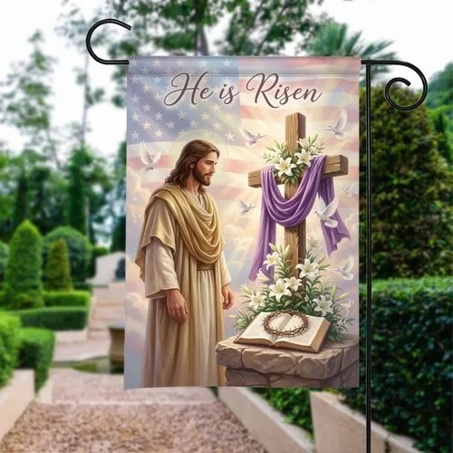 Faith Based He Is Risen Flag Church Garden Decor Religious Easter Yard Sign PPZ