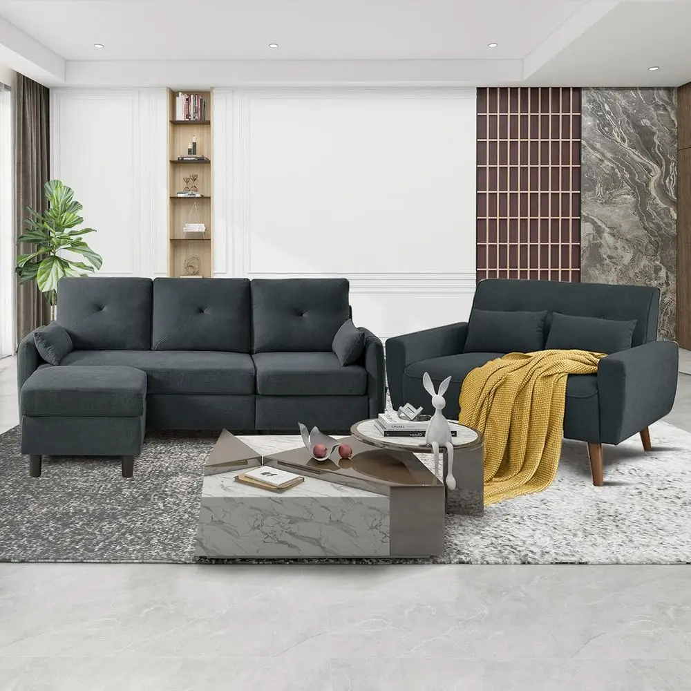 

77 L-Shaped Sofa with Ottoman and 48 Loveseat, Grey Sectional Couch Set for Living Room