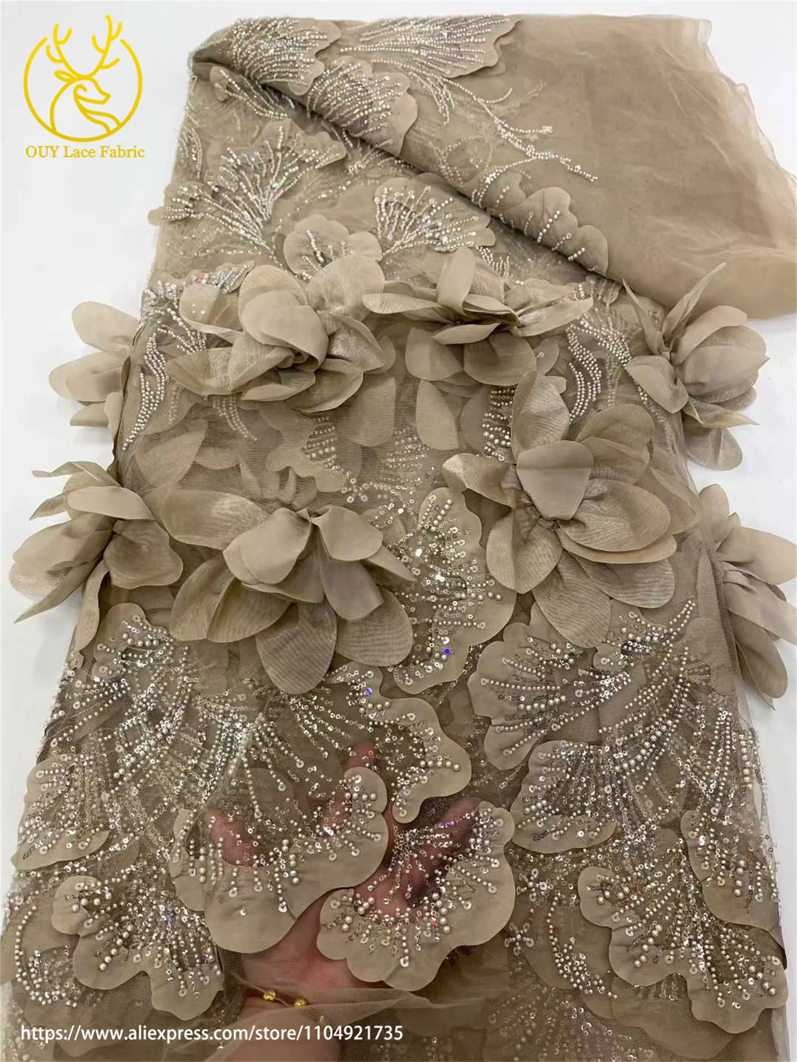 3D Blumenmuster Afrikanischer Braut-Spitzenstoff 2026 Neueste Französische Nigerianische Pailletten-Spitze für Brautkleider und Hochzeitsmode – Detail 12