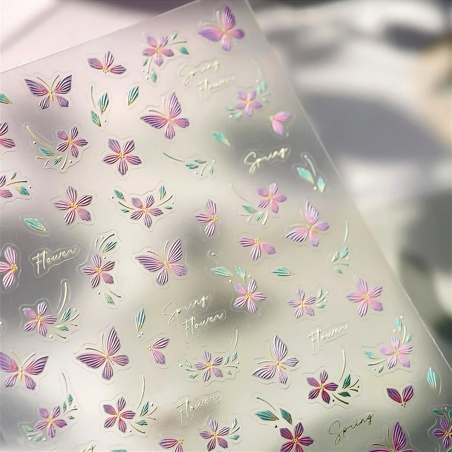 

Charming Pink Purple Embroidery Gradual Butterfly Flowers Green Leaf 5D Tender Self Adhesive Nail Art Stickers Manicure Decals