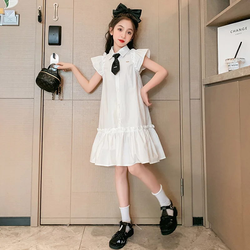 

2024 Korean Summer Junior Girl Dress Teenager Girl Flying Sleeve One-piece Dress Children Girl A-line Dress Princess Dress