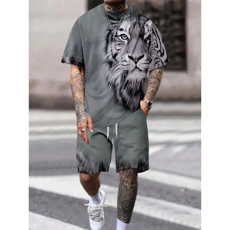 2025 New 3D Lion Printed Round Neck Short Sleeve T-shirt Fashion Shorts Set for Men's Summer Outdoor Sports Set