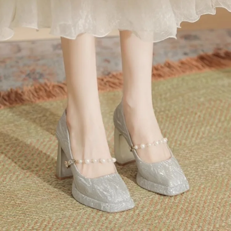 Women's Chunky Single Shoes Spring New Square Head Shallow Mouth Beaded One Line with Thick Sole Non-slip High Heels