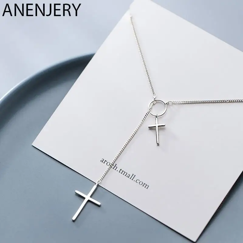 ANENJERY Cross Long Chain Pendant Necklace for Women Fashion Simple Party Jewelry Accessories Wholesale