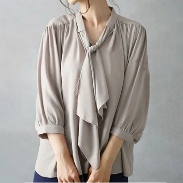 디자인 센스 틈새 리본 2025 신작 봄, 가을 리본 서양식 레이스 업 쉬폰 셔츠