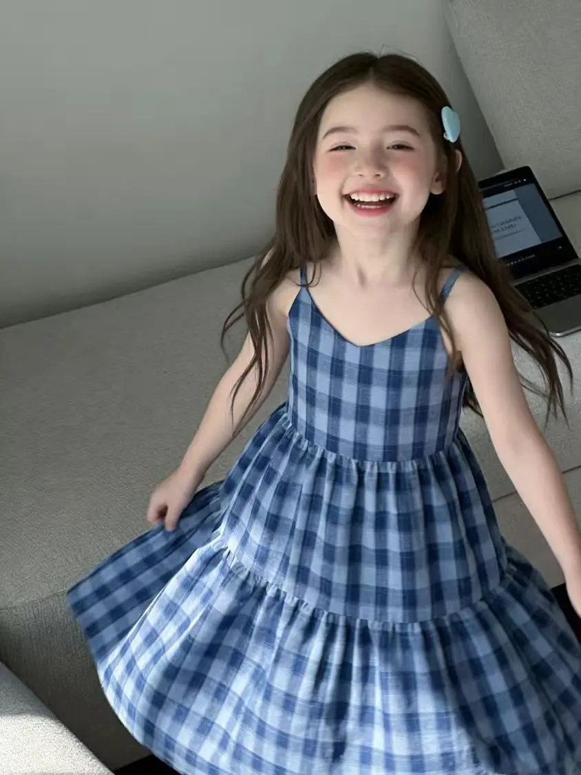 

Summer Fresh Plaid Camisole Dress For Middle-aged And Young Children 2026 New Plaid Dress For Girls Medium To Long Length Dress