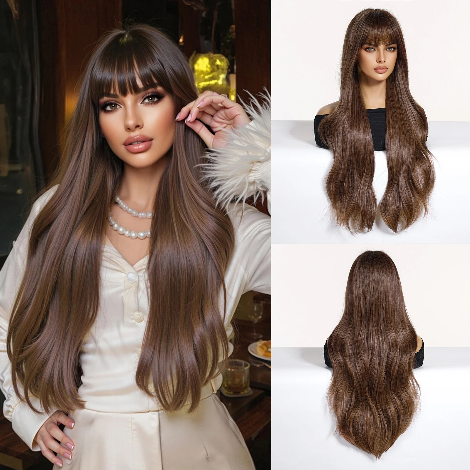HAIRCUBE Brown Synthetic Wigs with Bang Long Natural Wavy Hair Wig for Women Use Daily Party Cosplay Use Heat Resistant Fiber