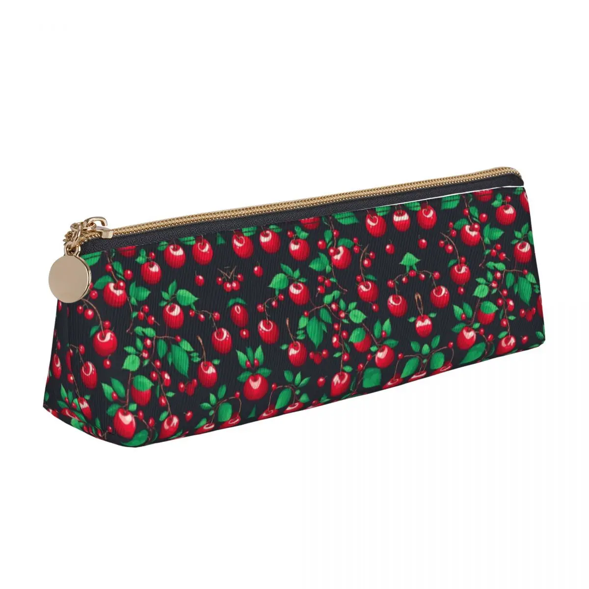 Retro Pencil Case Cute Cherries Print Pencil Box Green Leaves School Pencil Cases Girls Boys Triangle Graphic School Stationery